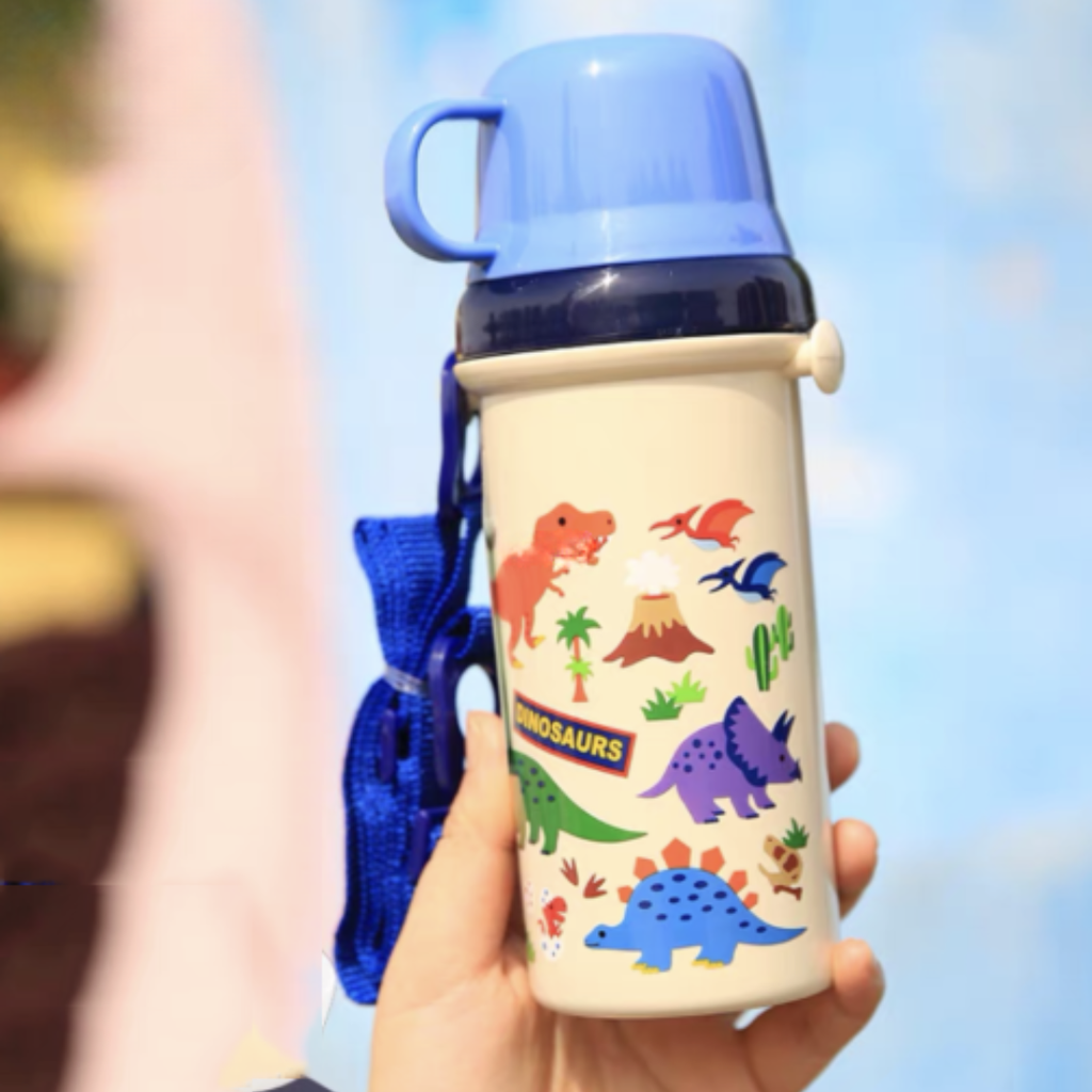 SKATER KIDS PLASTIC WATER BOTTLE WITH CUP DINOSAUR DESIGN 480ML