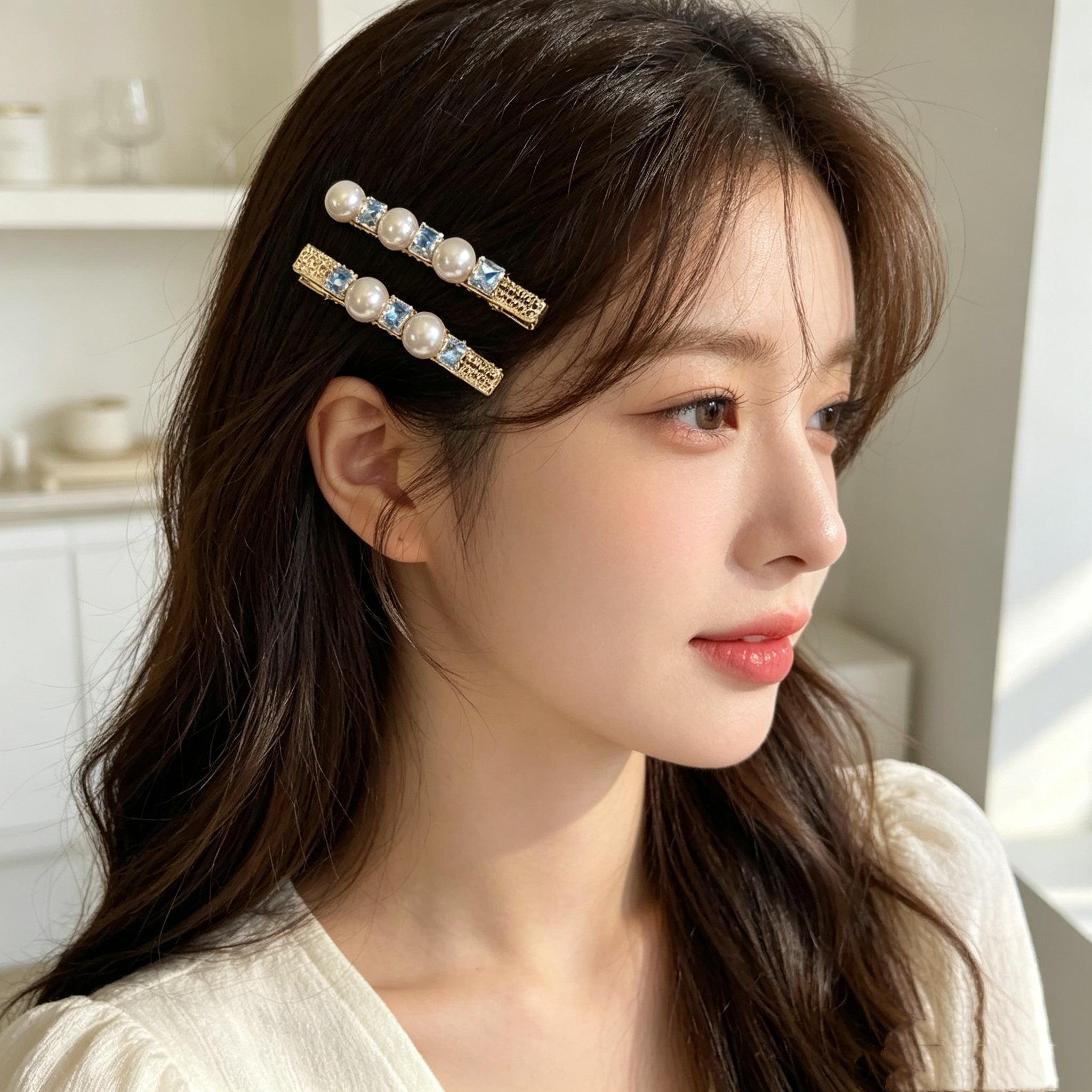 KOREAN PEARL & BLUE CRYSTAL GOLD BARRETTE