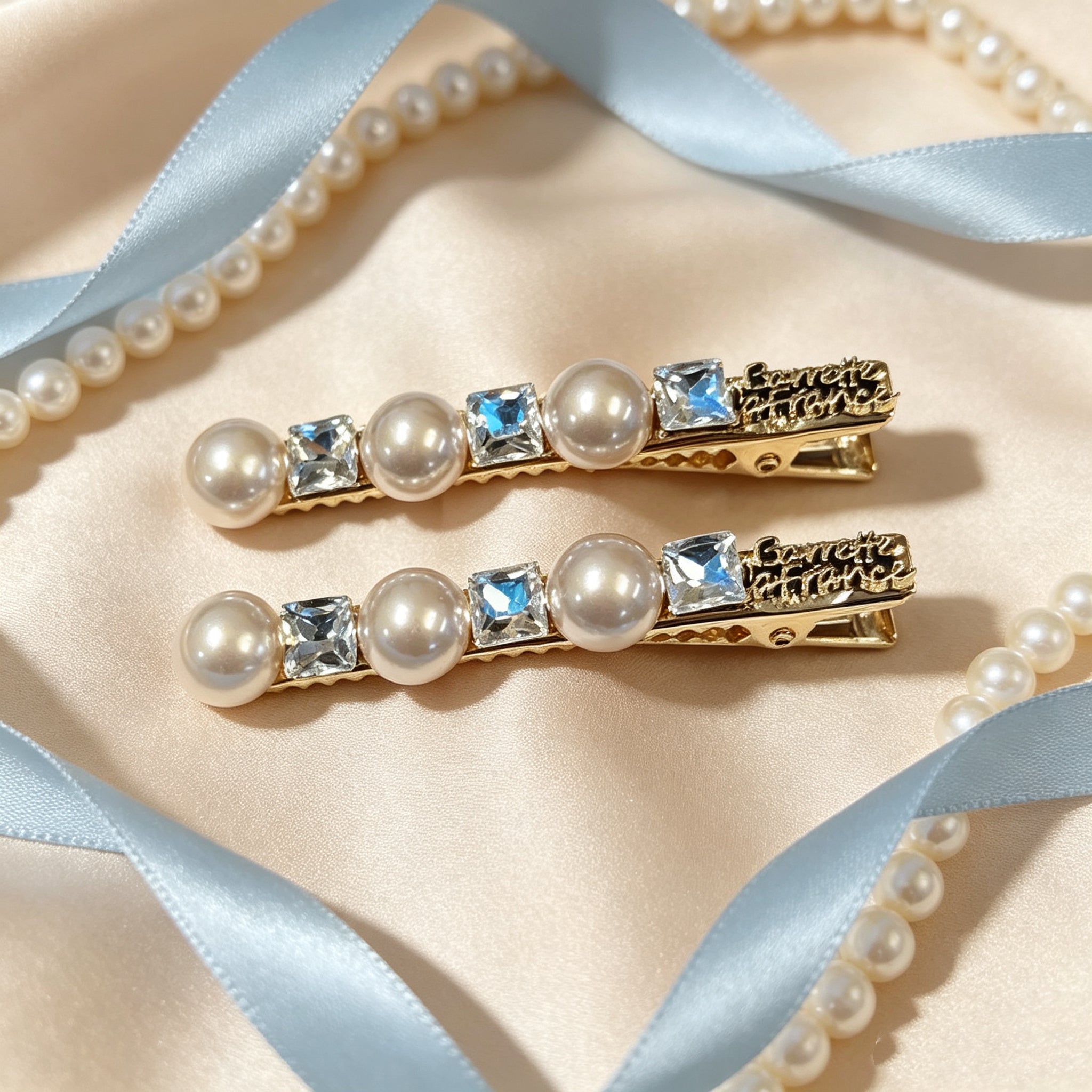 KOREAN PEARL & BLUE CRYSTAL GOLD BARRETTE