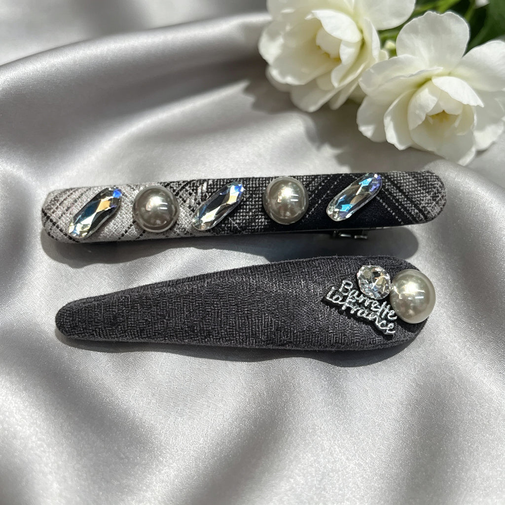 KOREAN GREY FABRIC CRYSTAL HAIR CLIP SET