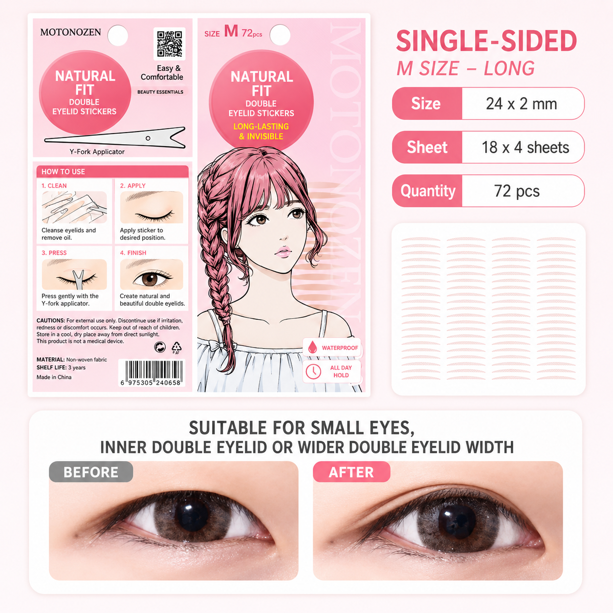 MOTONOZEN SINGLE SIDE DOUBLE EYELID TAPE M 72PCS