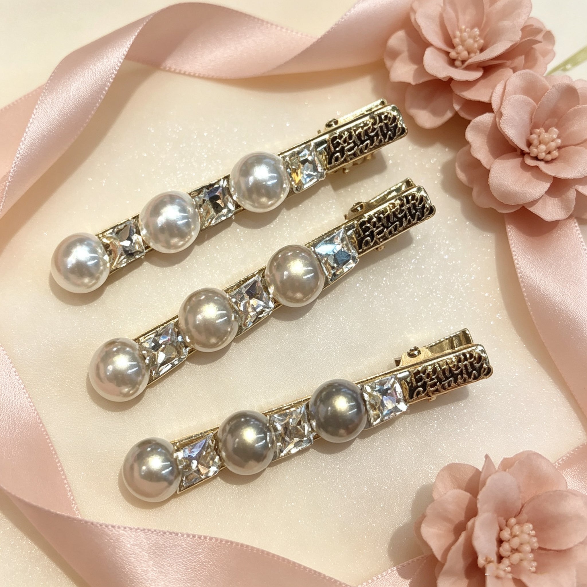 KOREAN WHITE PEARL & CRYSTAL BARRETTE