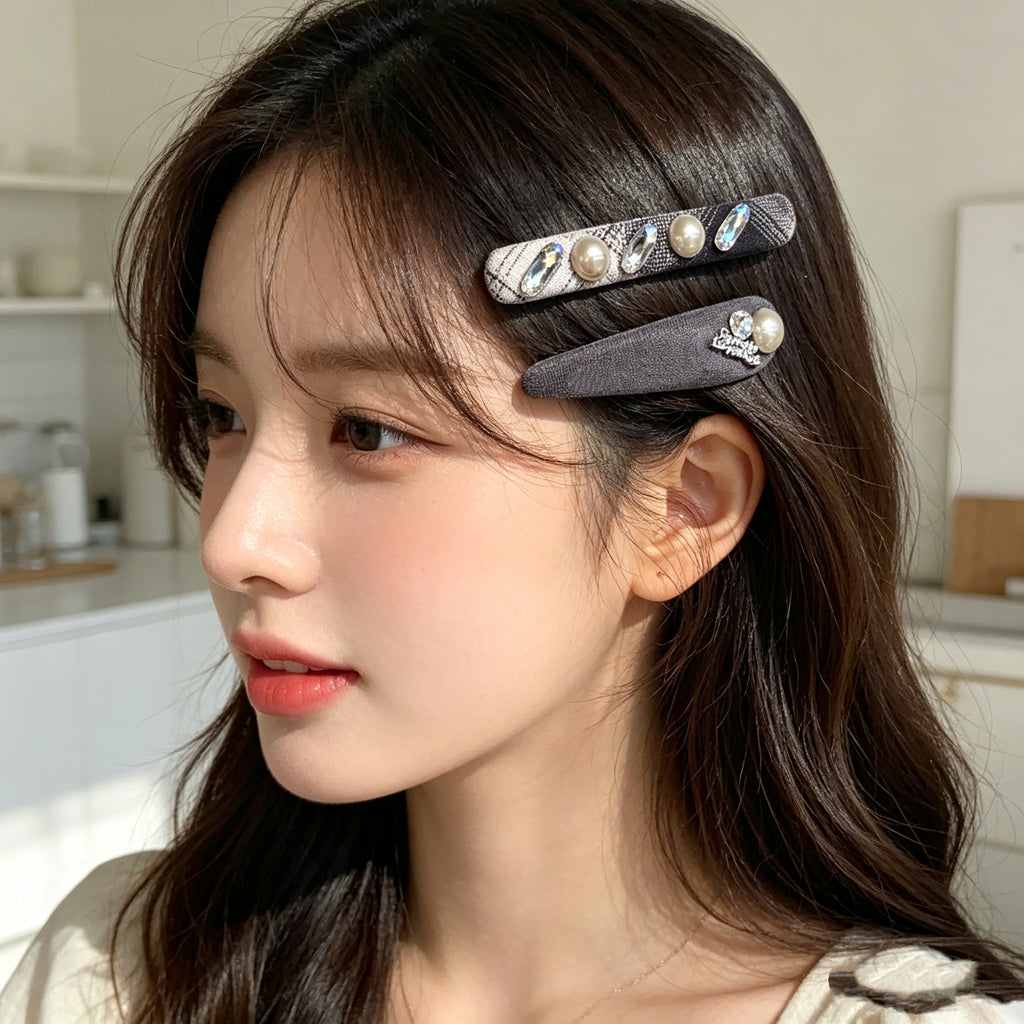 KOREAN GREY FABRIC CRYSTAL HAIR CLIP SET
