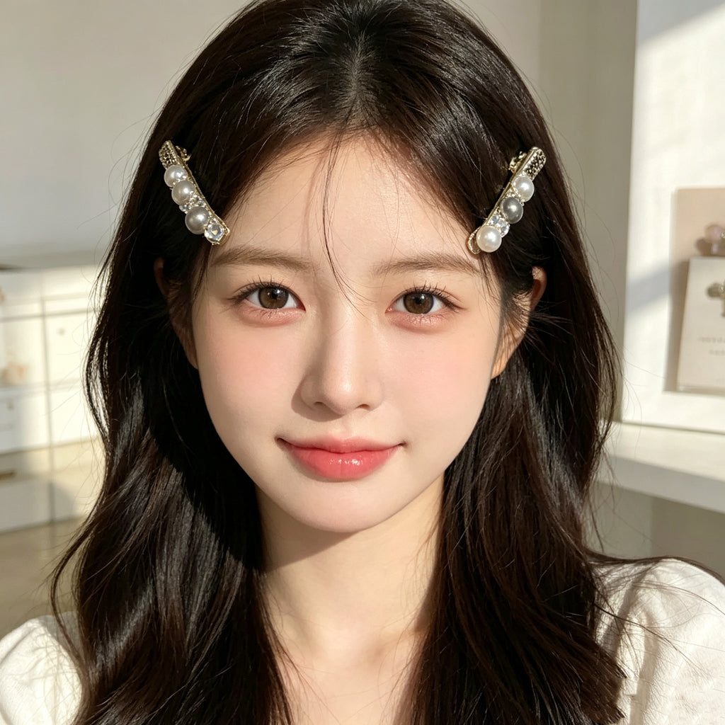 KOREAN WHITE PEARL & CRYSTAL BARRETTE