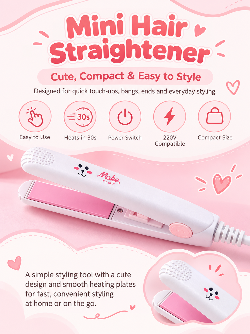 Mini hair straightener features and 220V compatibility