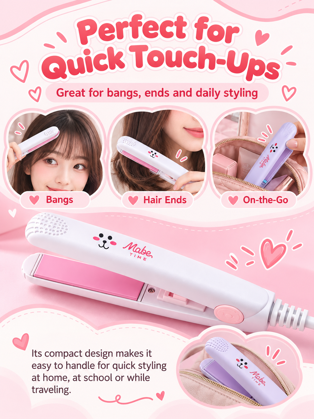 Mini hair straightener for bangs ends and travel